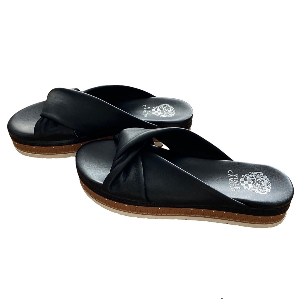 VINCE CAMUTO | Womens Black Leather Platform Sandals Slide On Size 9